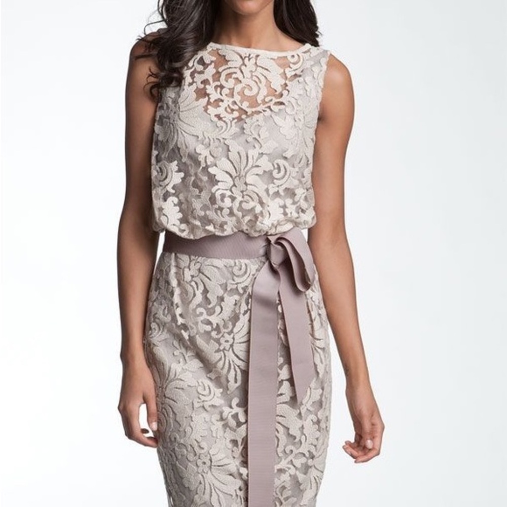 Tadashi Shoji Cream Lace Midi Dress with Blush Sash